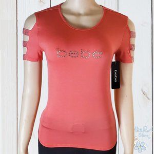 NWT BEBE AUTHENTIC WOMEN'S CORAL LOGO CUTOUT SHORT SLEEVE T-SHIRT